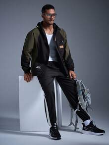 Men's Letter Graphic Color Block Drawstring Hooded Jacket, Casual For Autumn - Black - View 6