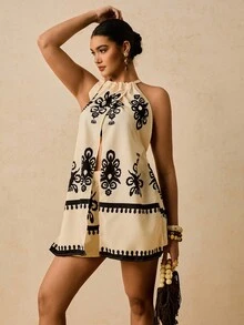 SHEIN VCAY Plus Size Apricot Retro Print Holiday Summer Sleeveless 2 In 1 Romper Bohemian  Boho Boho Chic Boho Style Western Clothes For Women Western Wear Women Plus Summer Boho Brunch Outfits For Women Airport Outfit For Women Beach Vacation Outfits City Break Outfits Holiday Outfits Old Money