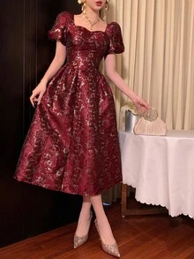 FRIFUL 女士优雅提花泡泡袖收腰中长连衣裙 女士连衣裙 生日装 女士夏季服装 女士加大码服装 正式场合女士休闲连衣裙 女士生日装 红色女士连衣裙 圣诞节 - 酒紅色 - 查看 4