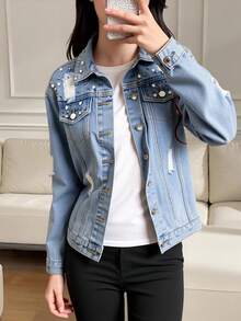 青少年女孩 Y2K 风格牛仔夹克和外套，秋冬新品，浅蓝色水洗做旧撕破串珠正面修身休闲牛仔夹克，适合青少年女孩