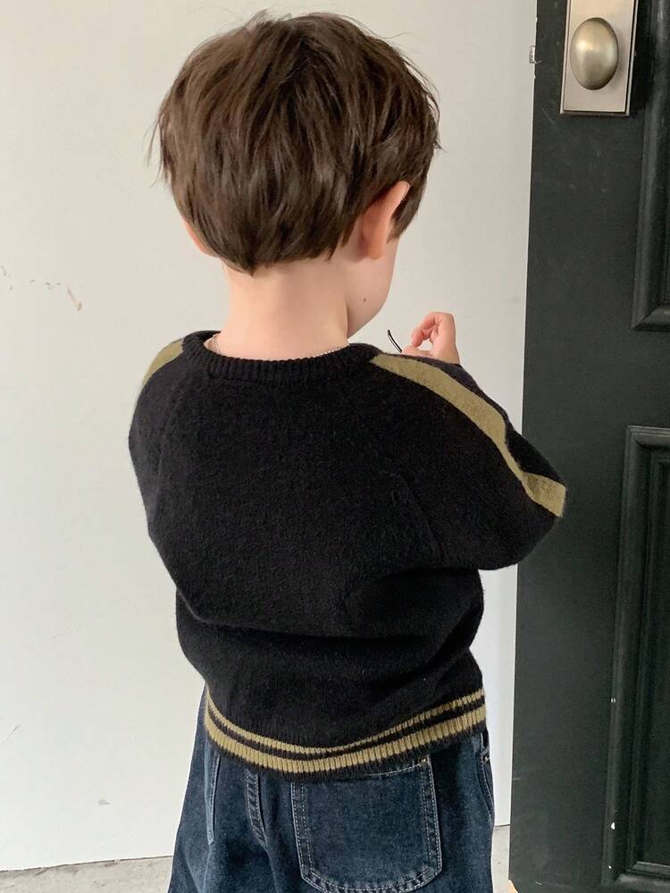 Toddler Boys' Round Neck Contrast Stripe Casual Long Sleeve Cardigan
