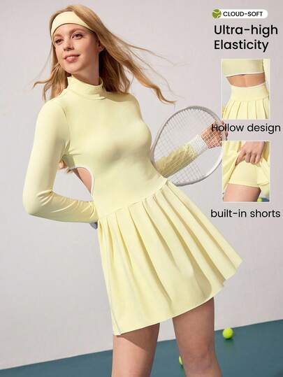 CourtClass Vestido de tenis con cuello alto, manga larga, espalda recortada y dobladillo plisado para mujer