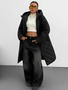 EURMUSE Women, Winter, White, Snow, Ski, Quitted, Curve Hem, Snap Button, Regular Fit, Adjustable Waist, Pocket, Zipper - Black - View 3