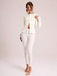 MUSERA Ribbed Button Through Long Sleeve Crew Neck Top Casual Vacation Capsule Wardrobe Everyday Airport Holiday Fall Back To School Autumn Winter  Party, Elegant - White - View 3