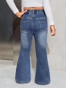 SHEIN 年轻女孩 Y2K 蓝色牛仔保暖内衬弹力修身喇叭裤，秋季休闲时尚度假装，加厚抓绒保暖长裤，喇叭牛仔裤，抓绒打底裤冬季 - 深色水洗藍 - 查看 2