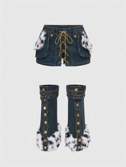 ROMWE J-Fashion Y2K 原宿风格低腰 2 件套，女士牛仔短裤和腿套
