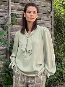 Livesso Women's V-Neck Bowknot Loose Satin Shiny Blouse Long Sleeve Top - Green - View 1