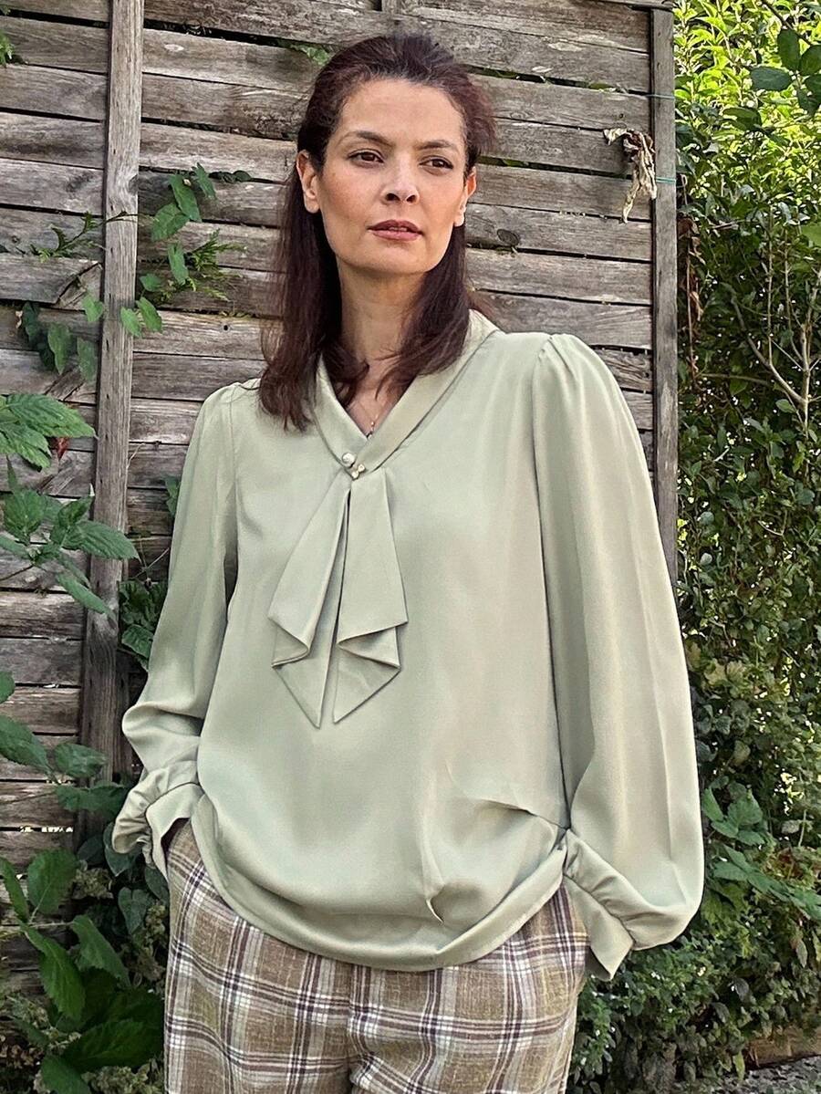 Livesso Women's V-Neck Bowknot Loose Satin Shiny Blouse Long Sleeve Top - Green - View 1
