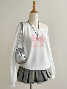 SHEIN Unity Women's Autumn Long Sleeve Bow Lace Embroidered Oblique Shoulder Sweatshirt - White - View 4