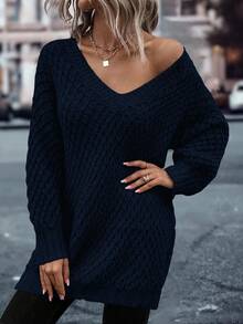 EMERY ROSE Casual Solid Color V-Neck Oversized Sweater, Autumn/Winter - Navy Blue - View 4
