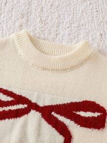 SHEIN 女童蝴蝶结提花针织套头衫，复古宽松柔软针织毛衣，红色格子百褶裙，适合万圣节、圣诞节、返校季