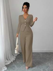Elenzga 女士优雅长袖西装外套和裤子套装，商务/通勤风格，适合夏季、独立日、毕业典礼、返校 - 卡其色 - 查看 4