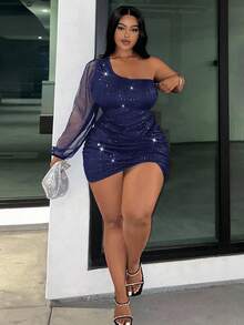 Slaydiva Slayr Plus Elegant Party Sequin & Mesh Patchwork Bodycon One-Shoulder Plus Size Mini Dress - Navy Blue - View 1