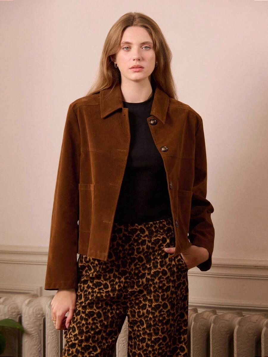 lacRébo Camel Suede Jacket With Front Patch Pockets Spring Women Clothes Spring Summer Jacket Office Outfits Premium Jacket - Brown - View 1