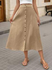 SHEIN VCAY Women's Solid Color High Waist Single-Breasted Elegant A-Line Midi Skirt