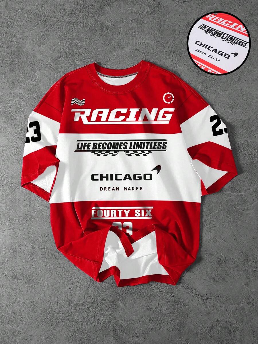 Manfinity EMRG 男士夏季字母印刷圓領休閒短袖T恤 - 彩色 - 查看 1