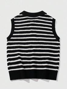 ROMWE MEN Men's Fashion Casual Multi-Color Floral Pattern Knitted Striped Button SweaterVest, Fall Winter - Black - View 2