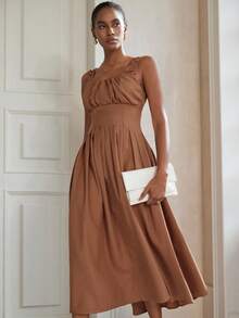 GENKIRA Vestido sin mangas con busto y dobladillo plisados, estilo minimalista para ir al trabajo, elegante - Marrón - Ver 1