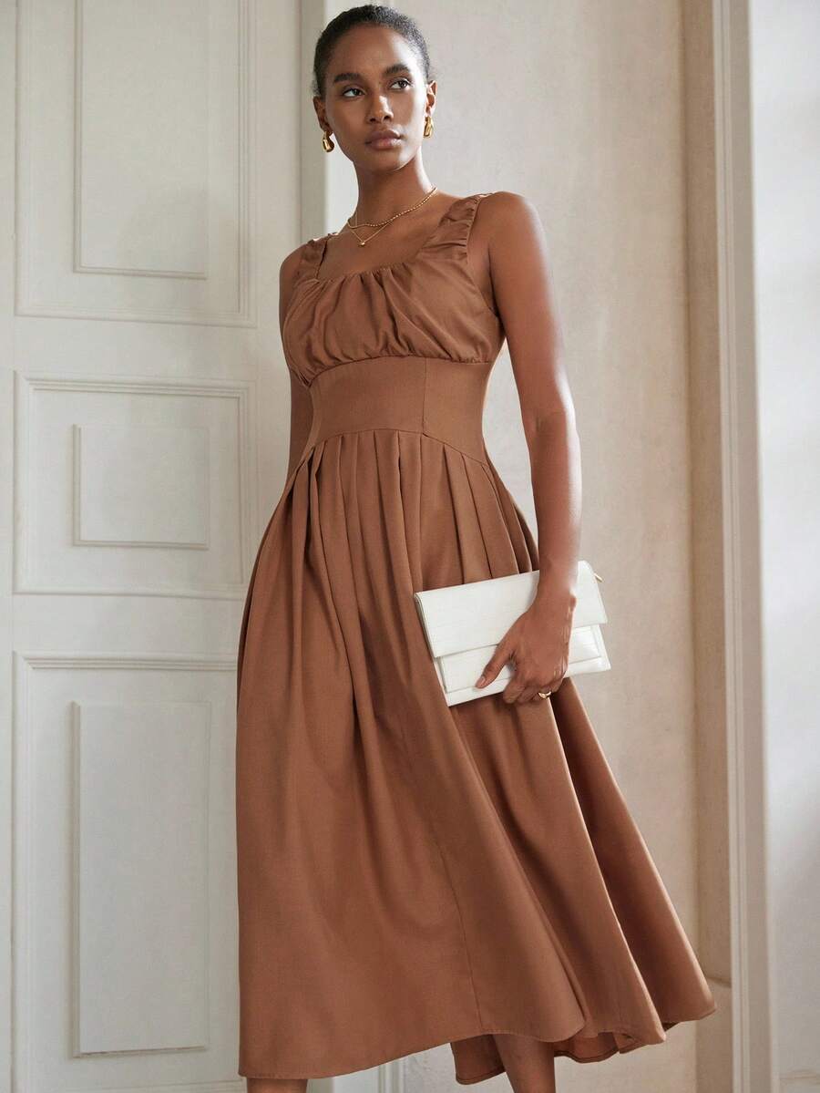 GENKIRA Vestido sin mangas con busto y dobladillo plisados, estilo minimalista para ir al trabajo, elegante - Marrón - Ver 1