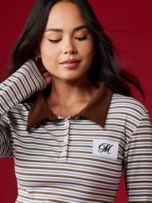 MISSGUIDED Long Sleeve Striped Polo Shirt With Brown Contrast Collar And Letter Patch Detail