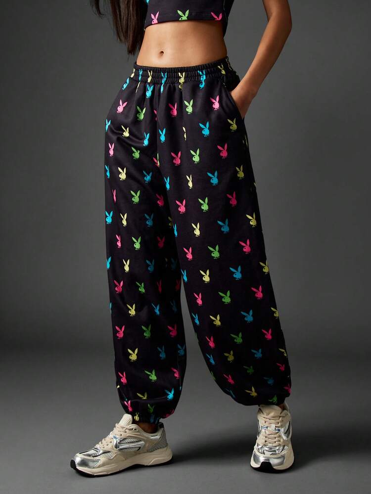 Missguided x Playboy Pantalons de jogging avec motif lapin coloré pour femmes, pantalons de détente amples et décontractés