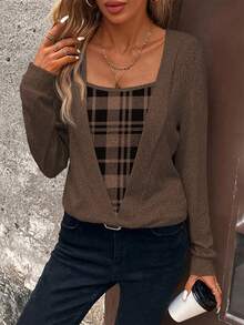 EMERY ROSE Women's Casual Plaid Patchwork Sweatshirt, Autumn,Fall - Coffee Brown - View 7