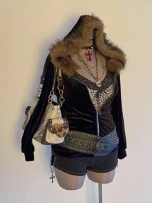 Sunspun Furry Hat 休闲长袖夹克，简约纯色，腰部收紧设计 - 黑色 - 查看 5