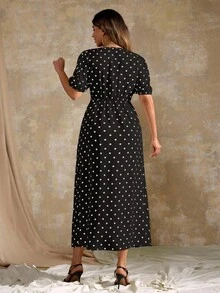Roveilla Plus Size Elegant Minimalist Polka Dot V-Neck Short Sleeve Dress Polka Dot Dress Women Plus Size Dress Black And White Polka Dot Dress Plus Size Polka Dot Dress V Neck Polka Dot Dress - Black - View 2