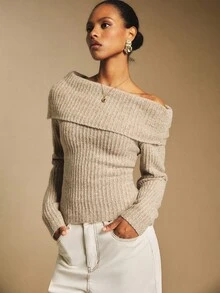 Poéselle 女士毛衣，露肩毛衣，花式毛衣，保暖驼色毛衣，女士休闲纯色露肩毛衣，适合秋冬季节的百搭女式冬季毛衣，女士冬季毛衣，女士秋季毛衣，女士秋季毛衣 - 駝色 - 查看 1