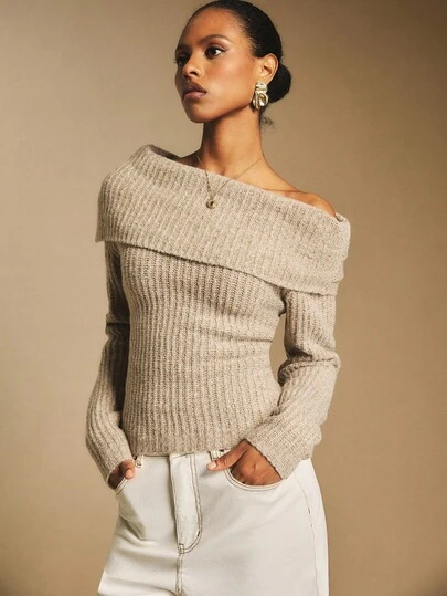 Poéselle 女士休闲纯色露肩毛衣，百搭秋冬