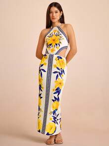 CAJUNI Vestido largo de verano con estampado brasileño en azul y amarillo, con escote halter, espalda descubierta y cintura con lazo para mujer