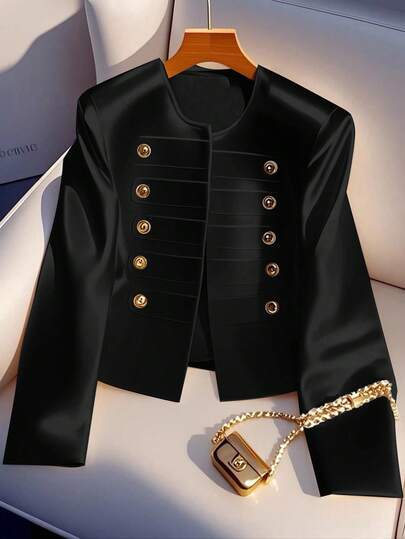 SHEIN Clasi Chaqueta larga de manga larga con doble botonadura elegante de metal para mujer de talla grande, otoño