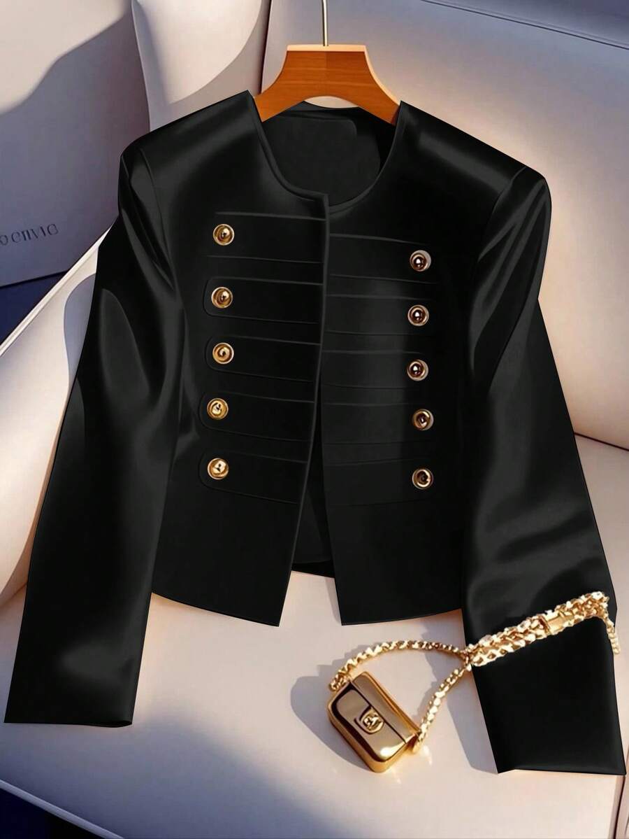 SHEIN Clasi Veste longue à double boutonnage élégante en métal pour femmes grandes tailles, automne