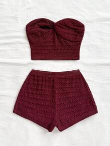 Soleia 女士纯色简约日常穿搭抹胸短裤两件套 - 酒紅色 - 查看 3