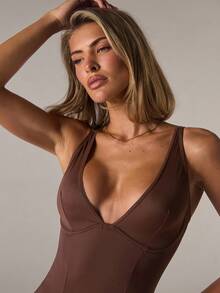 SHEIN BAE 女士纯色深V领塑身连体衣 - 咖啡棕 - 查看 3