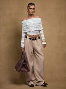 SHEIN BAE Women's Simple And Elegant White Solid Color Perspective Texture Lace Off-Shoulder Slim-Fit Long-Sleeved Top, Lace Top, Brunch Top, Elegant Top, Date, Going Out,Business Casual Woman - White - View 7