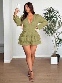 Elenzga 加大码性感纯色深V领连体衣 - 橄欖綠 - 查看 3