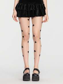 ROMWE Kawaii 1 双女士扑克牌印花长袜，适合搭配裙子，四季皆宜 - 米色 - 查看 1