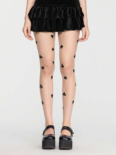 ROMWE Kawaii 1 双女士扑克牌印花长袜，适合搭配裙子，四季皆宜