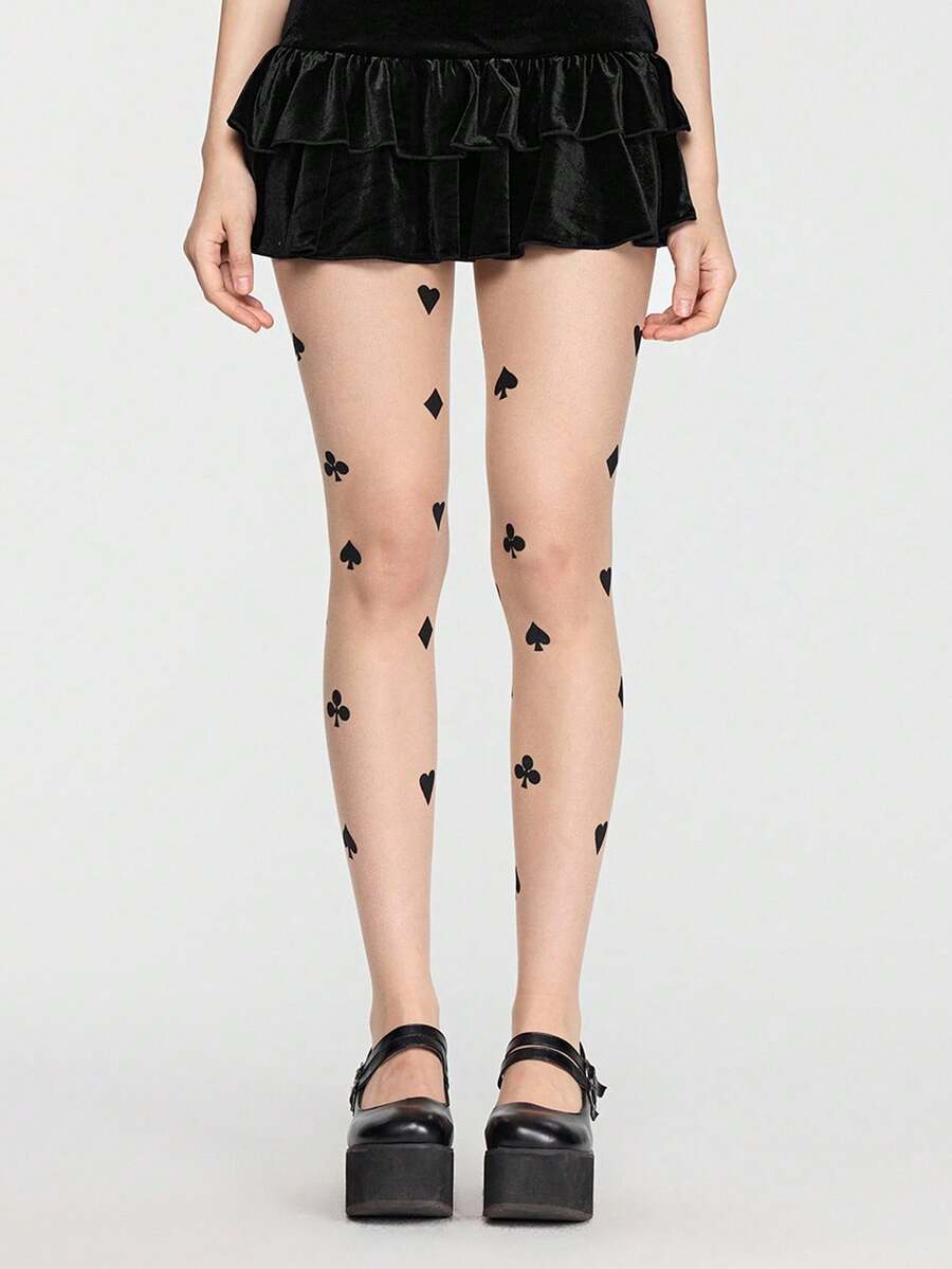 ROMWE Kawaii 1 双女士扑克牌印花长袜，适合搭配裙子，四季皆宜 - 米色 - 查看 1