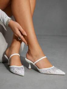 CUCCOO SZL Women's White Rhinestone Embellished Pointed Toe Chunky Heels Pumps - White - View 11