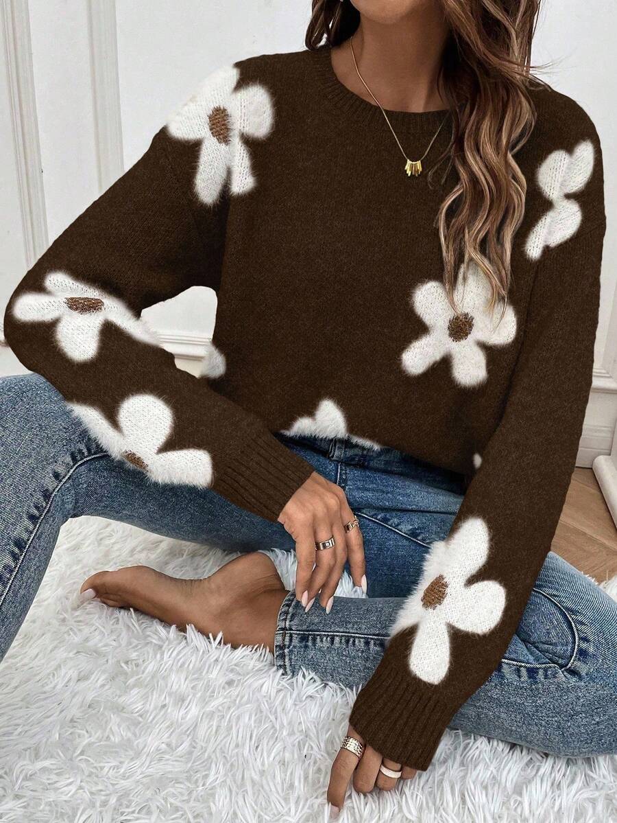 EMERY ROSE Women's Casual Contrast Color Jacquard Round Neck Drop Shoulder Knit Sweater, Christmas - Brown - View 1