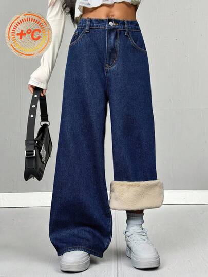 SHEIN Tween Girl Basic Casual Solid Washed Dark Blue Denim Fleece Lined Loose Fit Straight Leg Pants, Autumn/Winter Keep Warm Clothes Outfits Fall