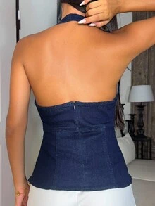 Ronhire Summer Sexy Solid Color Backless Halter Denim Crop Top/Summer Clothing/Country Concert Clothing/Country Concert/Tea Party Clothing/Elegant/Concert Clothing/Casual Women's Clothing/Summer Clothing/Blue Denim Top/Girl Top/Original Denim Top, Night Out - Dark Wash - View 2