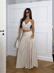 Ronhire 女式褶皱腰喇叭 A 字裙，带真口袋 - 杏色 - 查看 6