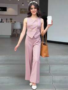 SHEIN 少女休闲优雅简约通勤上衣和长裤两件套 - 藕粉色 - 查看 3