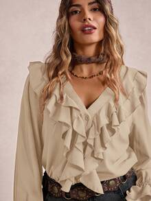 Freevana Plus Size Casual Solid Color Ruffle Trim Shirt/Fall/Winter - Khaki - View 5