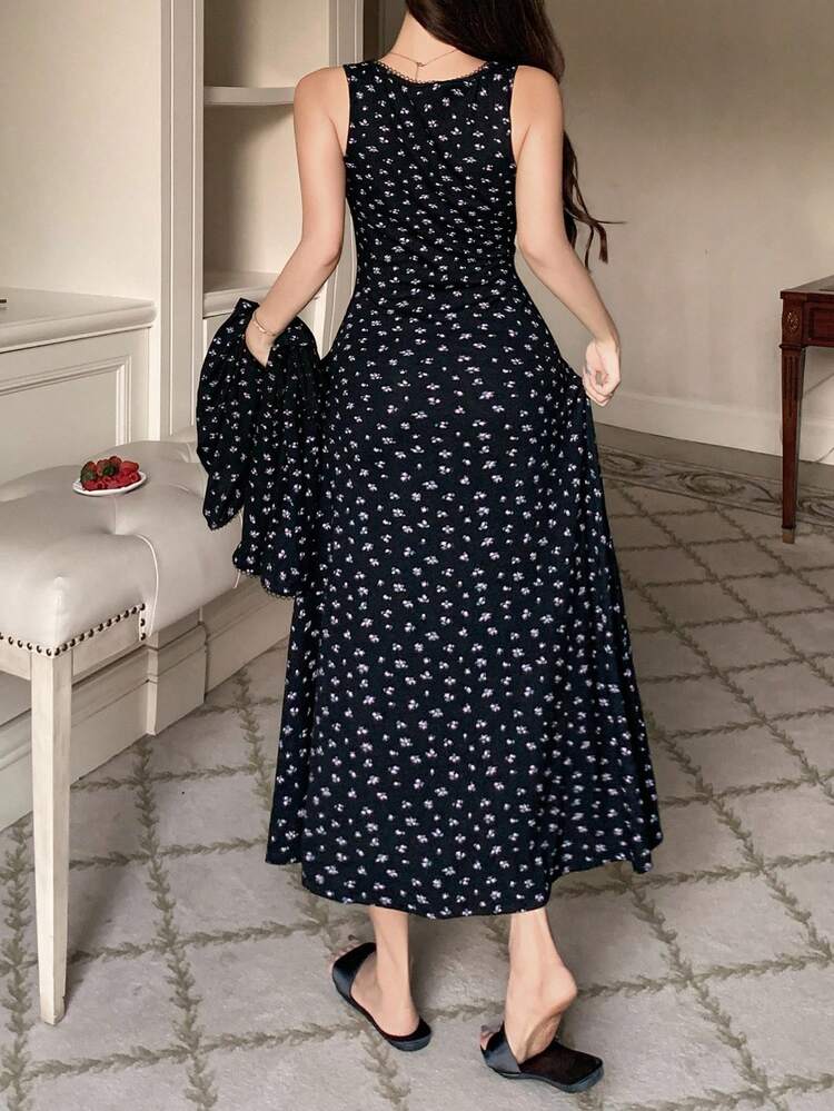 Ditsy Floral Sleep Dress & Button Placket Top Sleepwear Pajama Set For Women, Fall Winter Clothes