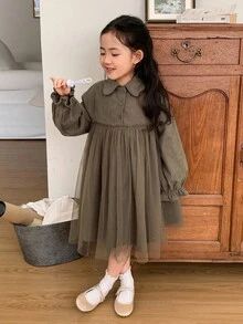 DAZY Young Girl Casual Solid Color Mesh Patchwork Dress, Autumn - Green - View 5
