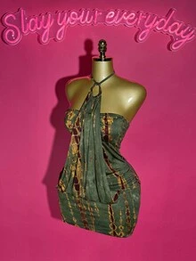 Slaydiva Women's Dark Green Summer Tie-Dye Gradient Halter Bodycon Mini Dress,Night Club Outfits,Vintage Wild Street Boho Clothes For Vacation & Party - Green - View 7